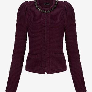 EXPRESS Embellished Rhinestone Collar Puff Shoulders Knit Eggplant Sweater XS
